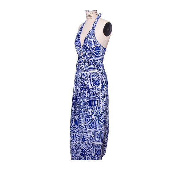 Vintage 60s 70s Hawaii Nei Hawaiian Blue White Halter Maxi Sundress Dress - Picture 10 of 16